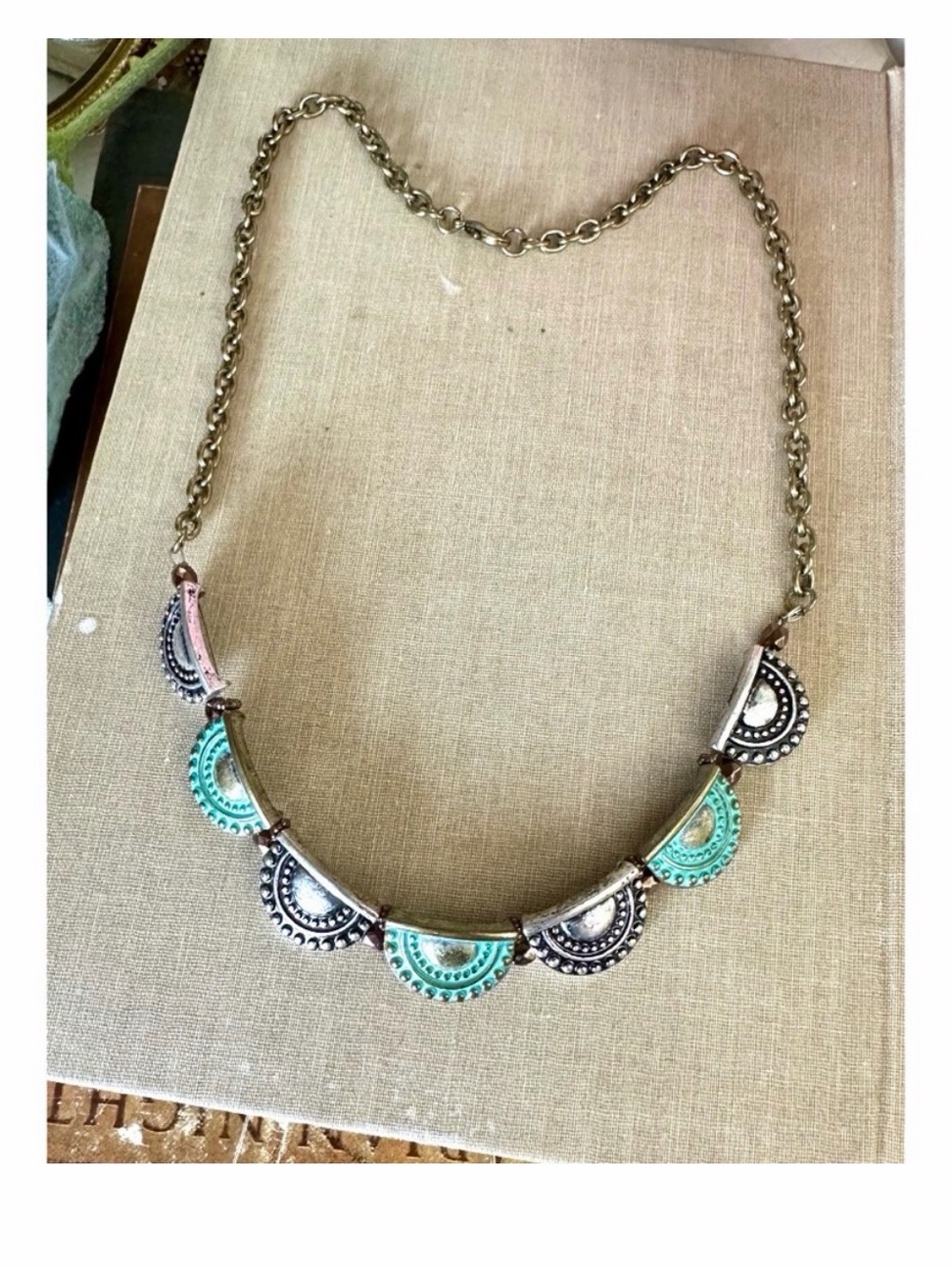 Vintage-Inspired Turquoise & Pink Semi-Circle Patina Statement Necklace